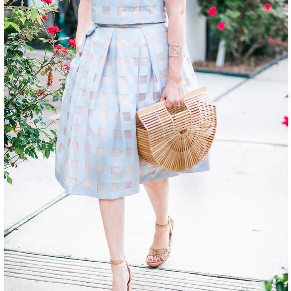 Eliza J Blue & Tan Checked Pleated Windowpane Midi Skirt Semiformal Sz 6 - Picture 2 of 11